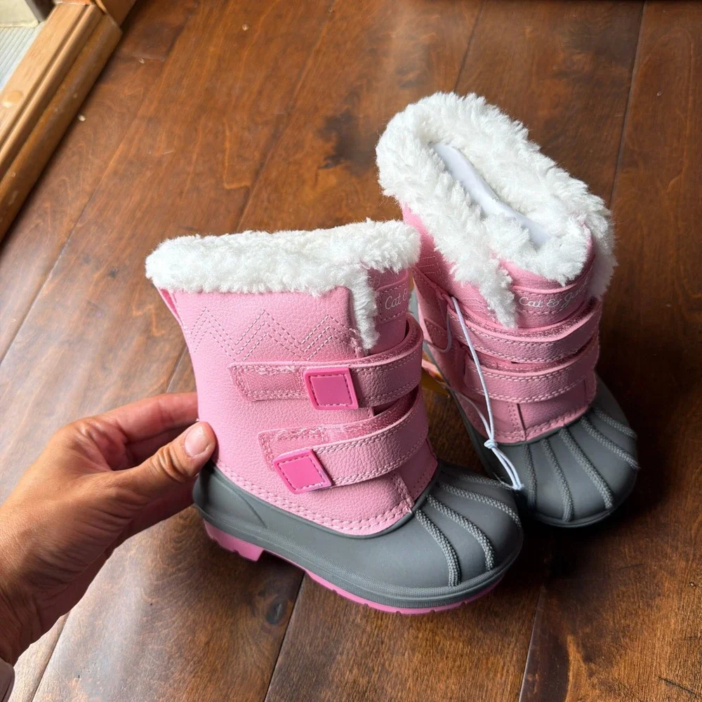 Cat & Jack Toddler Girls Pink Gray Waterproof Snow Boots Faux Fur Lined Size 7